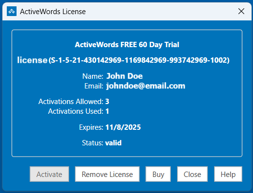 ActiveWords License Dialog