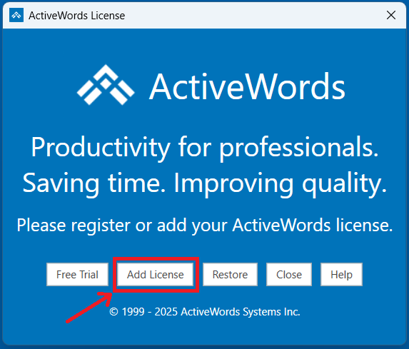 ActiveWords License Dialog - Add License