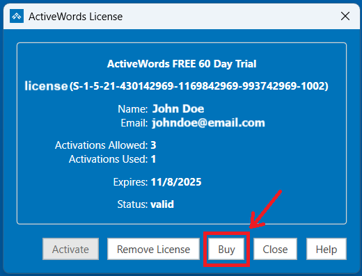 ActiveWords License Dialog - Buy