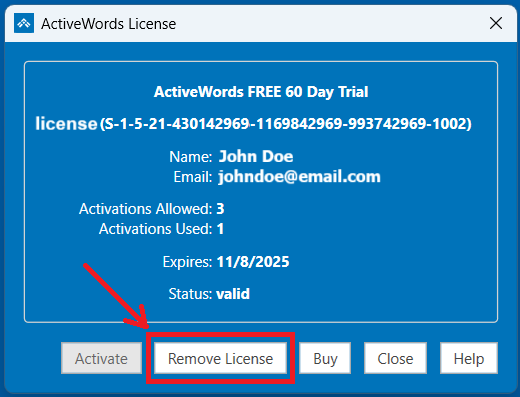 ActiveWords License Dialog - Remove License