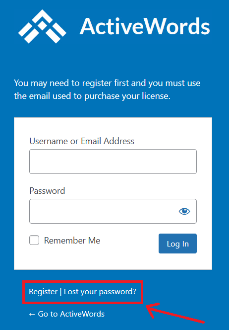 ActiveWords Site Login Dialog