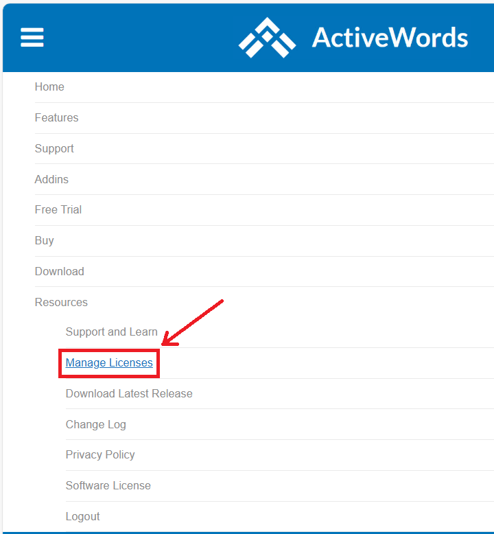 Manage Licenses Menu