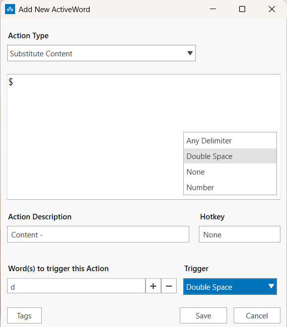ActiveWords Add New ActiveWord dialog with the Trigger menu open, showing Any Delimiter, Double Space, None, and a custom Number trigger