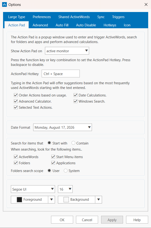 The Action Pad tab in the ActiveWords 5 Options dialog