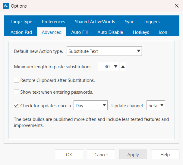 The Advanced tab in the ActiveWords 5 Options dialog