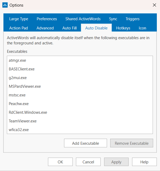 The Auto Disable tab in the ActiveWords 5 Options dialog