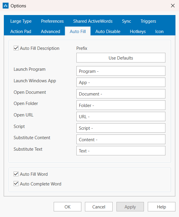 The Auto Fill tab in the ActiveWords 5 Options dialog