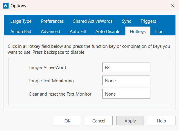 The Hotkeys tab in the ActiveWords 5 Options dialog