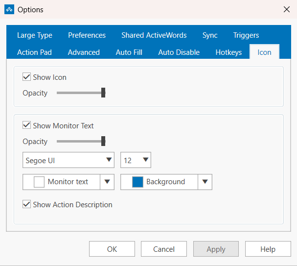 The Icon tab in the ActiveWords 5 Options dialog