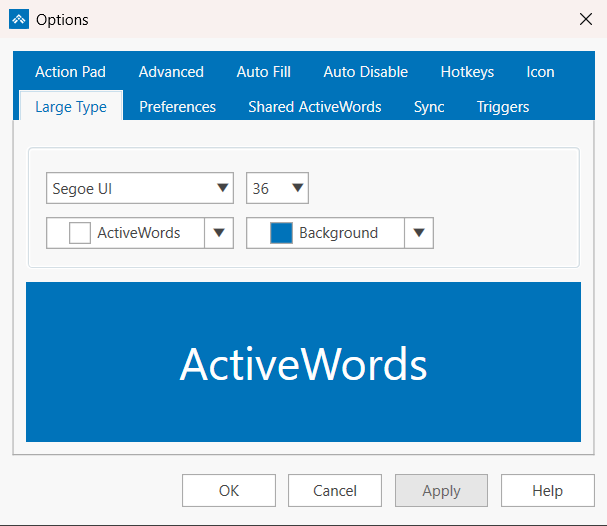 The Large Type tab in the ActiveWords 5 Options dialog