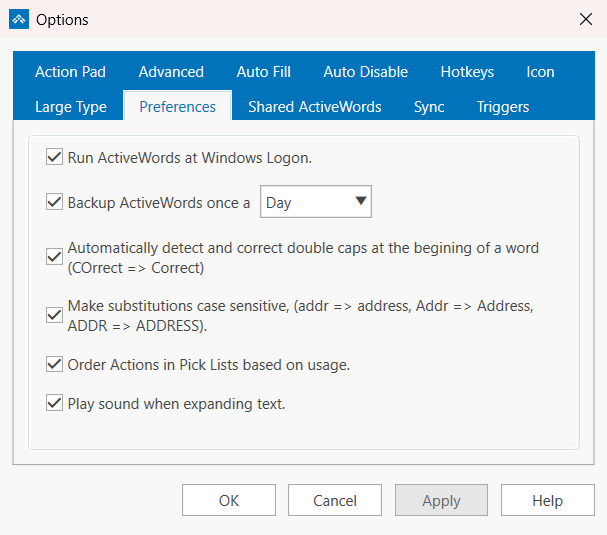 The Preferences tab in the ActiveWords 5 Options dialog