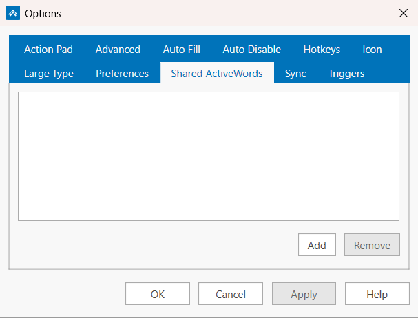 The Shared ActiveWords tab in the ActiveWords 5 Options dialog