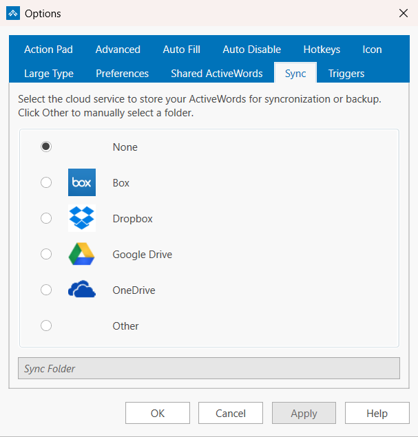The Sync tab in the ActiveWords 5 Options dialog