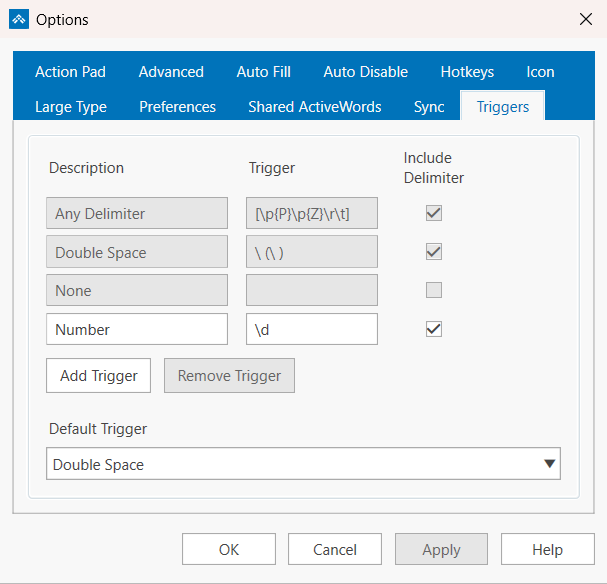 The Triggers tab in the ActiveWords 5 Options dialog