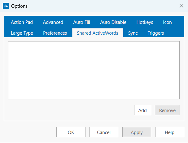 The Shared ActiveWords tab of the ActiveWords 5 Options dialog, showing the Add and Remove buttons