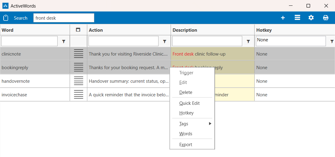 The ActiveWords 5 list with two Actions selected and two left unselected, right-clicked to show the menu with Quick Edit and Words on it