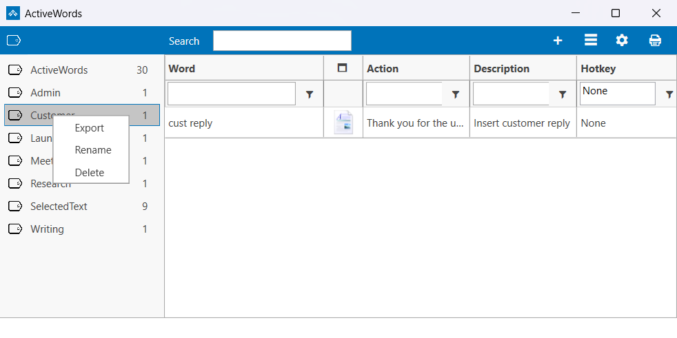 Right-clicking a Tag in ActiveWords 5 and choosing Export to create a shared .awdb file
