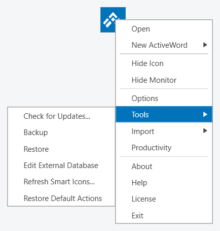 The ActiveWords 5 icon menu with Tools highlighted and Edit External Database in the submenu