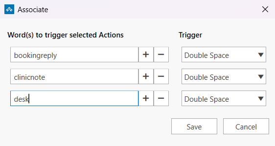 The ActiveWords 5 Associate window listing the Words bookingreply and clinicnote, with a short new Word being typed into the empty row below them