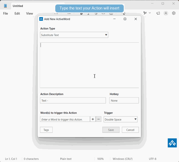 Adding a Word and Action in ActiveWords 5