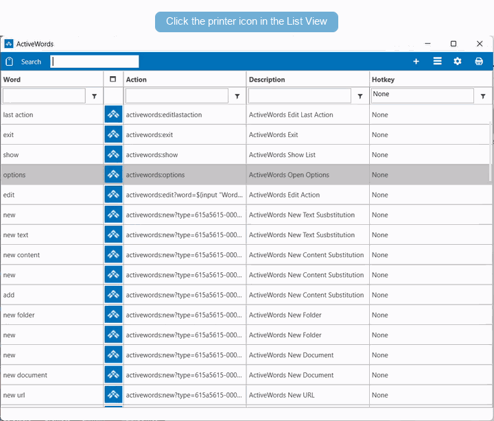 Printing the ActiveWords List View